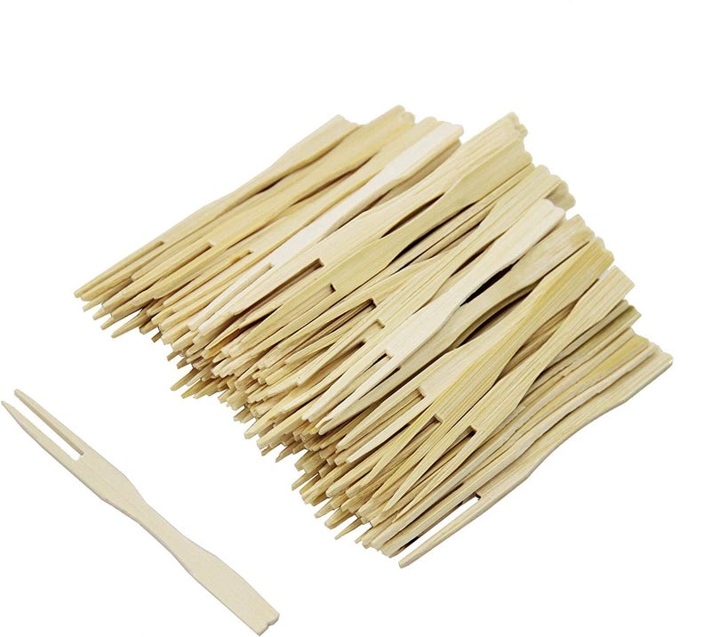 BetterJonny 300 Pack Bamboo Disposable Cutlery - Two Prong Skewers, Blunt End Toothpicks, Mini Cocktail Tasting Forks, Fruit Food Picks for Party, Banquet, Buffet, Catering, Daily Life - Image 1